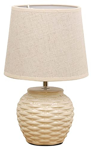 Britalia Cream Ceramic Vintage Basket Weave Table Desk Lamp with Beige Linen Tapered Drum Lampshade | 33cm Height | ES E27 Lamp Bulb Required | UK Approved