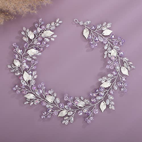 Teyglen Serre-tête de mariée en forme de feuille de vigne en cristal argenté fait à la main avec strass bleu/rouge/vert - Accessoire de cheveux pour femme et fille (violet clair)