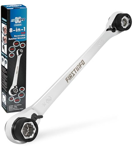 FIRSTINFO F3452S Ratchet Ring Spanner 8-in-1, 12 Point Ratchet, | SAE | CR-V | 90 Teeth Reversible Combination Wrench Including 5/16 3/8 7/16 1/2 9/16 5/8 11/16 3/4