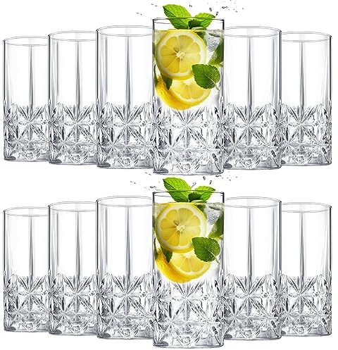 Uiifan Set of 12 Tall Highball Glasses 12 oz Crystal Drinking Glasses Clear Fancy Cups Vintage Textured Designer Glassware for Cocktail Tea Water Beer Soda Beverages, Dishwasher Safe(Stylish Style)
