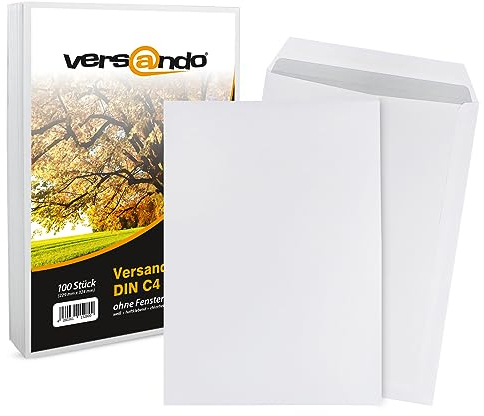 versando 100x Versandtaschen C4 ohne Fenster Haftklebend 229 x 324 mm weiß: Briefumschläge für Büro, wichtige Unterlagen, blickdicht, einfach verschließbar