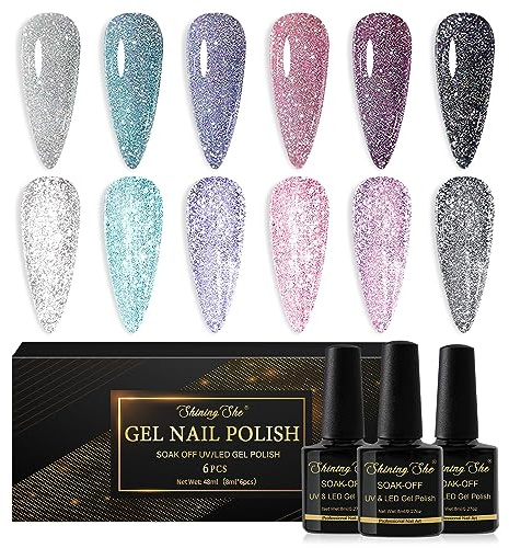 Shining She UV Nagellack Glitzer Reflechissant,6 Farben Silber Seegrün Violett Rosa Fuchsie Schwarz Gel Nagellack Soak-Off UV Sparkly glitzer nagellack für Anfänger DIY Nailart zu Hause,8ml
