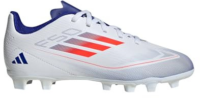 adidas Scarpe da calcio unisex F50 Club, suola flessibile, per bambini, Bianco/Rosso Solare/Blu Lucido, 15.5 EU