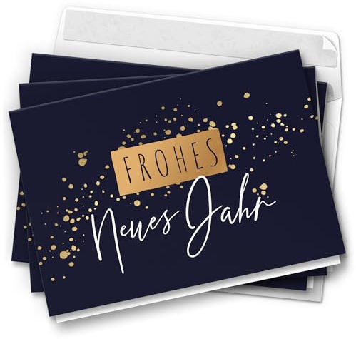 10 Neujahrskarten Grußkarten 2025 Neujahr Silvester - Klappkarten mit Umschlägen - Neujahrsgrüße Frohes Neues Jahr Edel Modern Blau