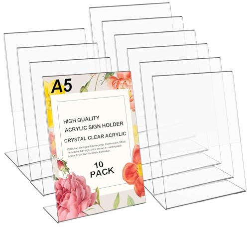 CCCYMM 10 Pcs A5 Acrylic Sign Holder Clear Picture Frame Photo Sign Slanted Back Brochure Display Stand Transparent Flyer Holder for Office Desktop Restaurant, 6 x 8 Inch (Vertical)