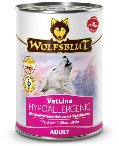 WOLFSBLUT – VetLine Hypoallergenic | Diät Nassfutter für ausgewachsene Hunde mit Futterunverträglichkeiten. Getreidefreies Alleinfutter in der Dose | 6x395g Pferd mit Süßkartoffeln