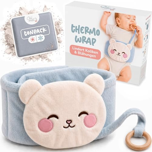 Oli-Melo Baby Colic & Gas Relief Heating Tummy Wrap - Hot & Cold Clay Pack for Bruises & Gassy Belly - UKCA-Certified - Wooden Teether, Soft Plush Swaddle Band, Premium Belt for Infant Newborn