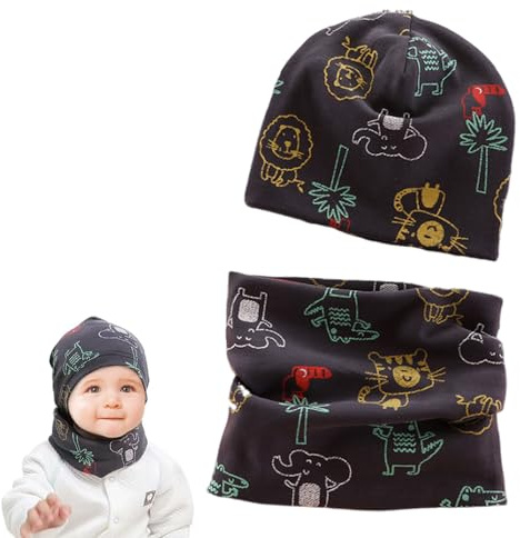 Norhogo Set di cappello in cotone per neonati e bambini - Cappello invernale per ragazzi e ragazze - Cappello + sciarpa tubolare - Sciarpa invernale per ragazzi e ragazze, Colorato., S-L