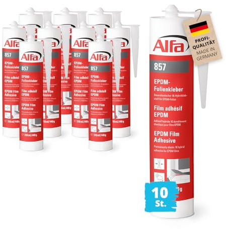 Alfa Colle pour films EPDM & butyle – Résistante UV – 310 ml – 10 pièces | Colle adhésive élastique monocomposant imperméable pour béton, bois et aluminium. Résistant aux UV et sans solvants.