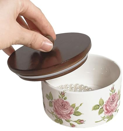 WXMYOZR Trinket Box with Lid Porcelain, Rose Floral Ceramics Vintage Jewelry Boxes Small Jewelry Organizer Small Ceramic Candy Cookies Jar Food Storage Container