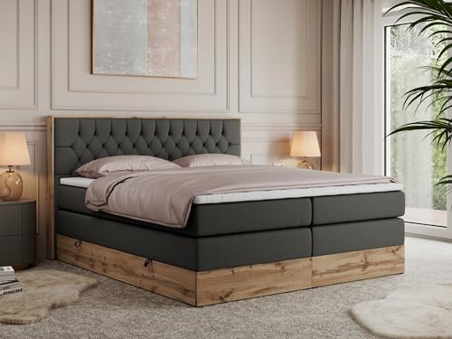 MKS MEBLE King Boxspringbett 180x200 mit Bettkasten und Kopfteil, Bonell Polsterbett mit Matratze H3 und Topper T25, Bett mit Holzrahmen in Wotan Eiche - Dunkelgrau Kunstleder - Amore King