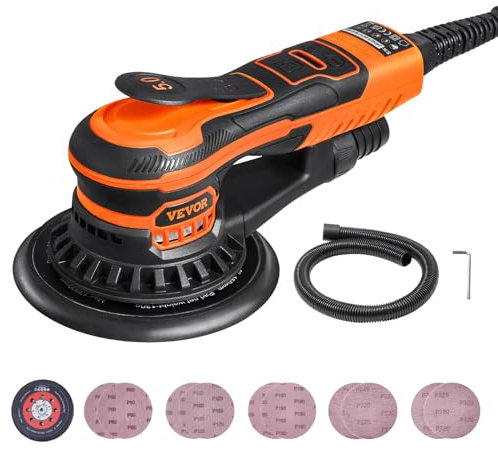 VEVOR Levigatrice Orbitale Casuale da 150 mm Levigatrice Orbitale Senza Spazzole 350 W 10000 PRM Levigatrice Palmare Elettrica a 6 Velocità Variabili con 10 Fogli Abrasivi, Connettore Antipolvere
