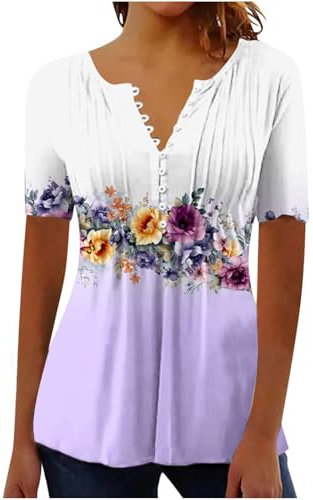 Tshirt Damen Leicht Und Luftig, Sale T-Shirt Oberteil Mit V-Ausschnitt, Kurze Ärmeln Aus Spitze, Plissee Knopf Print Oberteile Elegant Schick, Bluse Weich Bequem, Shirt Top Casual Fashion