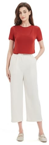 GLOWELFA - Pantalón de mujer para verano, fluido, cintura alta, corte ancho 7/8, pantalón elástico, ligero, cómodo, tejido transpirable y extensible, ideal para trabajo de oficina, vacaciones, blanco