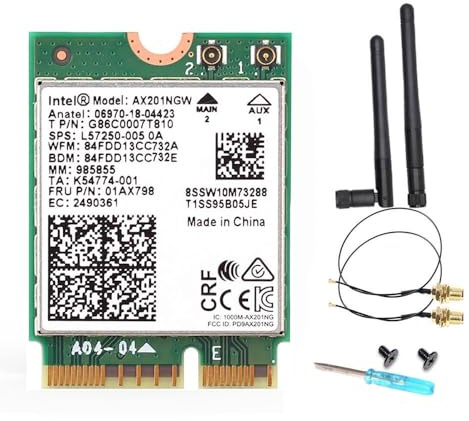 WiFi 6 AX201NGW M.2 Wireless Card, 2.4Gbps 802.11ax, Bluetooth 5.2, Windows 10/11 Compatible