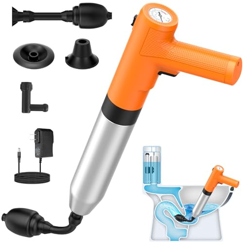 cauzyart Toilet Plunger, Electric Sink Plunger for Bathroom, High Pressure Toilet Snake Drain Clog Remover with Holder for Bathroom, Floors, Shower