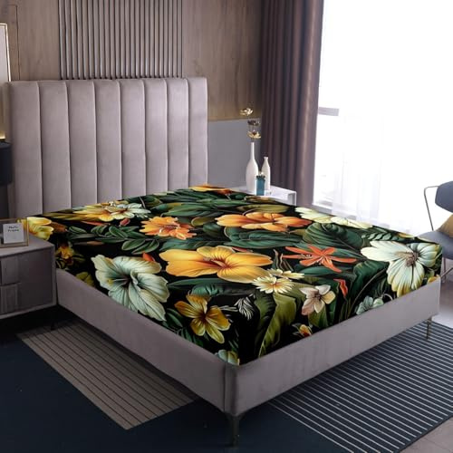 Homewish Vintage Lilie Spannbettlaken 90x200cm Groovy Blume Floral Spannbetttuch für Kinder Jungen Mädchen Teenager,Wald Garten Blume Bettlaken Lilien Blätter Pflanzen Botanisch Laken Gelb Weiß Grün