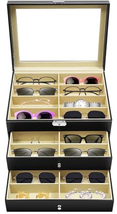 24 Slots Glasses Display Case, 3-Tier Glass Top Organizer with Lock & Key, Sunglasses Storage Organiser for Exhibitions, Opticians, Homes, Professional Makeup Artists, Jewelry Collectors (Black)