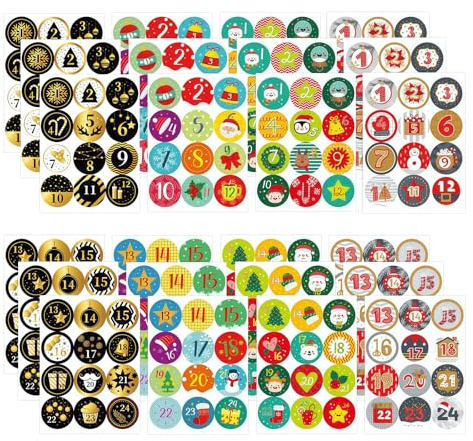 LUMOOM 24 Stück Adventskalender Zahlen Aufkleber, Weihnachten Adventskalender Sticker, Runde 1-24 Nummern Sticker für Weihnachten zum Basteln, Selbstklebend für dein Advent Calendar