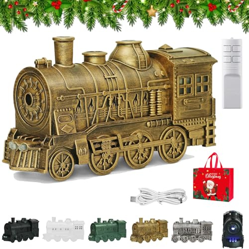 Steam Train Humidifier, Christmas Train Diffusers, 300ml Vintage Quiet Essential Oil Diffuser, with 4colors Lights&Direct/jellyfish Cool Mist Modes&Smart Remote, for Christmas, Home Bedroom (Copper)