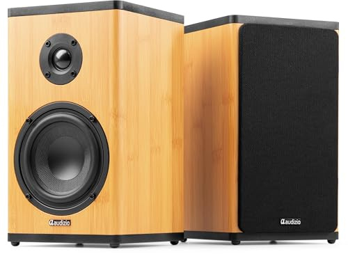 Audizio BS20 – Altavoces estéreo HiFi con batería Recargable y Amplificador Incorporado, Altavoces de estantería Bluetooth y AUX para casa, Ordenador, Cadena HiFi o Tocadiscos – Color bambú