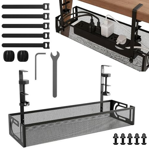 Plateau de Gestion des Câbles sous le Bureau sans Perçage, Organisateur et Panier de Câbles en Maille, Rangement de Fils et Boîtes Multiprises pour Bureau Maison, Noir