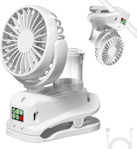 Ventilateur de table à clip, USB, avec brume d'eau, 4 vitesses, avec clip, réglable, affichage LED, blanc