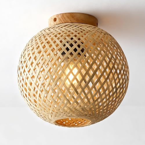 GAOUTO Boho Rattan Lampenschirm, Bambus Holz Lampenschirm, Rattan Deckenlampe Hängend, Vintage Bambus Deckenlampe für Schlafzimmer Küche Flur, Vintage Boho Rattane Lampe Deckenleuchte Hängelampe