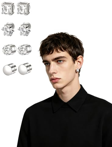 EYVRPAU Orecchini Uomo Magnetici 4 Paia, Finti Senza Buco Calamita, per Look da Piercing, Set di 4 Stili Assortiti. Ideali per uno Stile Audace e Senza Impegno Permanente.