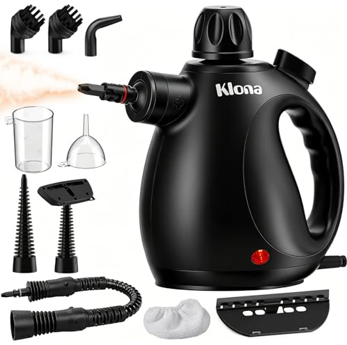 KLONA Pulitore a vapore a mano, pulitore a vapore per casa, pulitore a vapore multiuso con 10 accessori per tappeti, tende, divani, cucina, bagno e molto altro ancora.