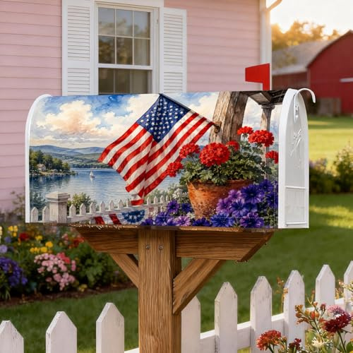 Copertura magnetica per cassetta delle lettere con bandiera americana, gerani patriottici, petunie, copertura per cassetta delle lettere estiva rossa, decorazione per esterni, giardino, cortile, 45,7
