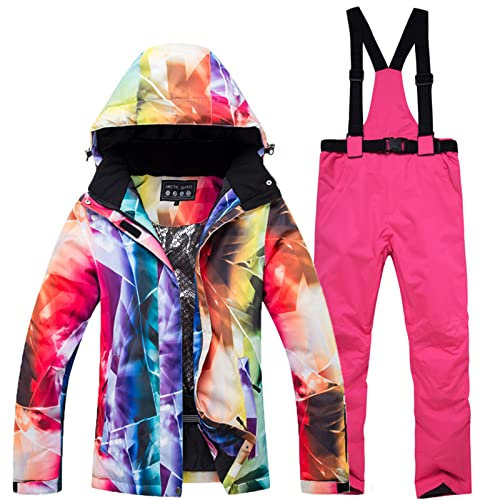 WYOUTDOOR Skianzug für Damen, Winterjacke und Skihose, bunt, Snowboard, Jacke und Hose mit Trägern, wasserdicht, mit Kapuze, Schneeanzug, Pink Pink, S