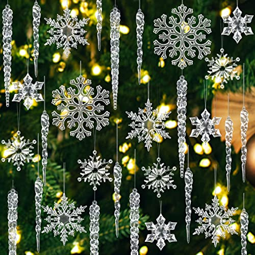 FOIMAS 48pcs Christmas Snowflake Icicle Ornament,Large Acrylic Icicle Snowflake Drop Hanging Ornaments with Silver String for Christmas Tree Home Decoration