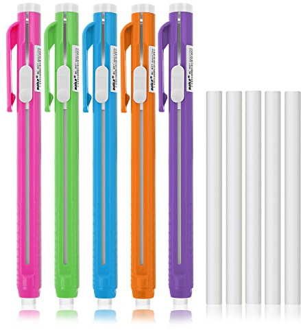 cobee Pen-Style Eraser Set, 5 Retractable Click Eraser Pen Shells with 5 Erasers, Mechanical Pencil, Bar Erasers for Teacher Artist Painting Writing Home Office Supplies