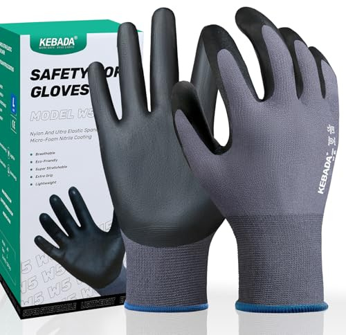 Kebada W5-12 Pairs Safety Work Gloves Foam Nitrile Coated, Seamless Knit Nylon Glove with Grip, Ideal for Mechanic, Warehouse, Construction & Gardening, Large