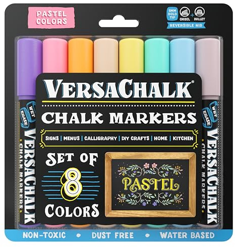 VersaChalk svarta tavlan kritpennor – färgade flytande kritpennor – våt radering dammlös kritbläck färgmarkör för skrivtavla, torr radering whiteboard, svarta tavlan skylt (gul 5 mm, pastellfärger)