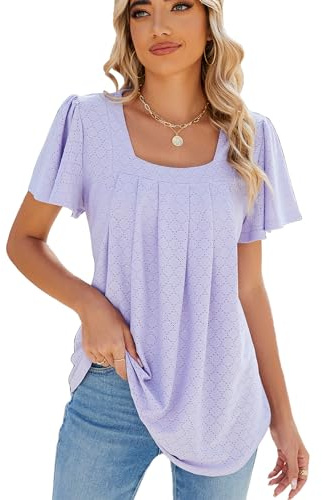 Famulily Women's Square Neck T-Shirt Hollow Short Sleeve Simple Tops Ladies Spring Summer Basic Casual Blouses (XL, Purple)
