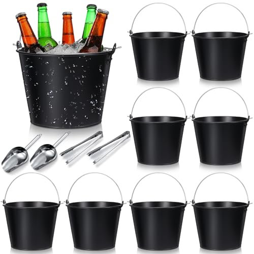Zopeal 12 Pcs Metal Beer Buckets with Ice Shovels and Tongs Stainless Steel Ice Bucket with Handle Round Pails for Summer Pool Wedding Table Centerpiece Party Supplies
