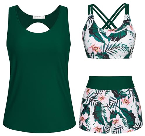 JASAMBAC 3 Piece Tankini Swimsuit for Women Swimwear Tank Top with Bikini Top Boyshort Set