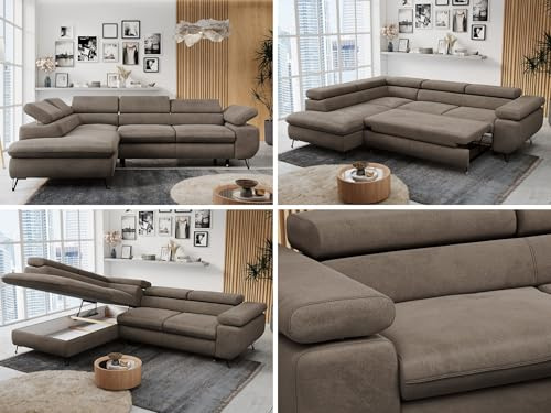 MKS MEBLE Ecksofa Wohnlandschaft L-Form mit Schlaffunktion und Bettkasten, Schlafsofa mit Bettkasten, Sofa mit Einstellbare Kopfstützen, Peter L - Velvet - Links Braun