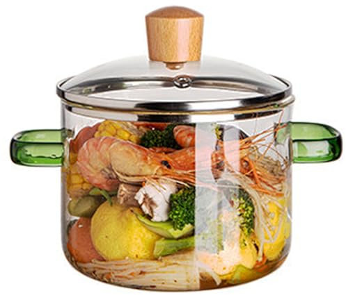Glastopf mit Deckel, 1,6 l, Doppelgriff, durchsichtiger Topf, mikrowellengeeigneter Simmertopf aus Glas, hitzebeständig, universelle Glastöpfe zum Kochen von Suppe, Milch, Brei, Glastöpfe mit grünem G