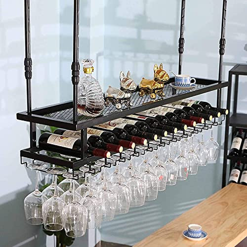 JKJZSALJ Wall Bottle Rack - Wall Mounted Wine Bottle Rack Upside Down Wine Rack Glassware Bar Cabinet Ceiling Bottle Rack Adjustable Height Black Glass Holder For Pub,Black,100cm