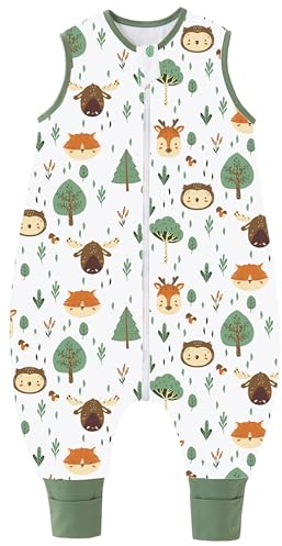 Chilsuessy, sacco nanna con piedini, da 1,5 Tog, in cotone al 100%, sacco nanna per tutto l'anno per bambini e bambine, motivo: animali della foresta, da 80 cm, altezza del bambino 85-95 cm