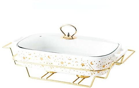 Ceramics Chafing Dish Buffet Set, with Glass Viewing Lid and Fuel Holder, 1.8L Rectangle Food Warming Tray, for Weddings Parties Christmas Catering Events - L,Weiß