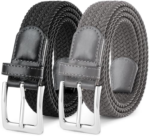 SUOSDEY 2-pack elastiska flätade bälten för män, unisex, män, kvinnor, stretchtyg, bälte, vävda midjebälten för jeans, shorts, byxor, 3,3 cm bred, Svart+grå (silverspänne), fits waist 40-44