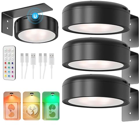Kottwca 4 Pack Picture Lights for Wall, 13 Colors Rechargeable Wall Lights Indoor, Dimmable Timer Wireless Wall Lights W/Remote, Black Magnetic Painting Light for Painting, Frames [Energy Class E]