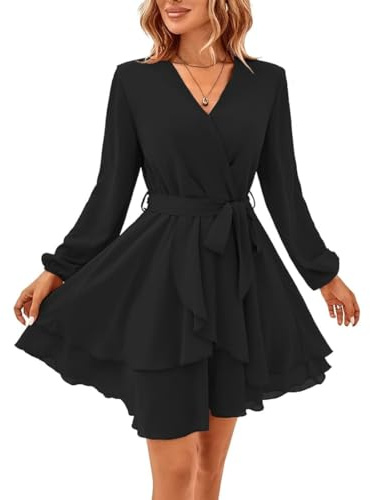 Hanaoops Robe Décontractée Femme à Manches Longues Mini Robe Casual Col en V Taille Haute Ligne A à Volants Robes Chic et Elegant Automne Hiver Tunique Robes avec Ceinture pour Fête Soiree