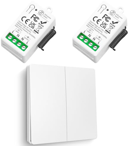 Funk lichtschalter, Tedeligo selbstgenerierender Funkschalter 230V 10A RF Mini Relaisempfänger funkschalter licht 50 Meter Reichweite Steuerung für Lichter(1 Schalter 2 Empfänger)