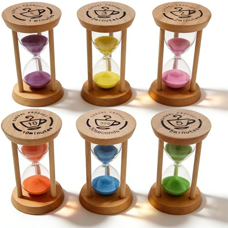 Bkqroa 6 Stück Sanduhr Glas Timer: Sanduhr Holz, Sanduhren Klein Sanduhrs, Bunte Mehrzeit-Timer Sanduhrs, 30s / 1min / 2mins / 3mins / 5mins / 10mins, Tischdekoration, für Küche, Lernen, 5×9cm