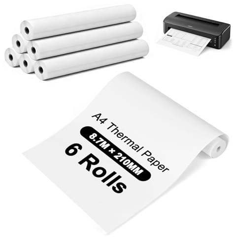 6 Rotoli Carta Termica A4 per Stampante Portatile, Carta Termica A4 Asciugatura Rapida, Carta per Stampante Termica, Senza BPA, per Documenti, Foto, Contratt, 21cm x 8.7m